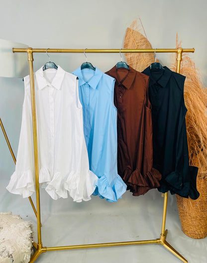 Plain sleeveless frill hem shirt dress available in Baby Blue, White, Chocolate Brown and Black from Miss Foxy Boutique.