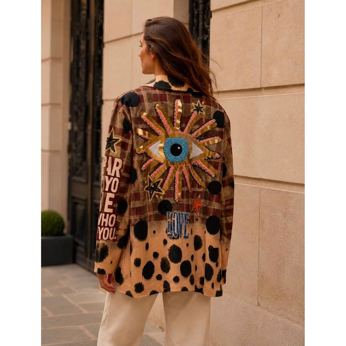 Designer-inspired checked statement blazer with polka dots, celestial evil eye artwork and LOVE slogan detailing.