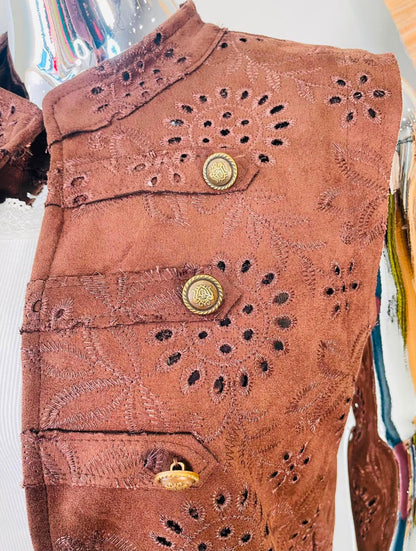 Sueded embroidered waistcoat with antique gold buttons available in White, Chocolate Brown and Black from Miss Foxy Boutique.