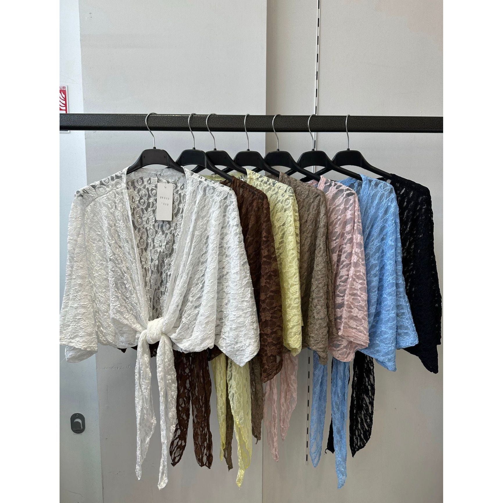 Lace tie front shrug with floaty sleeves available in white, chocolate, lemon, mocha, blush pink, baby blue and black at Miss Foxy Boutique ✨🤍