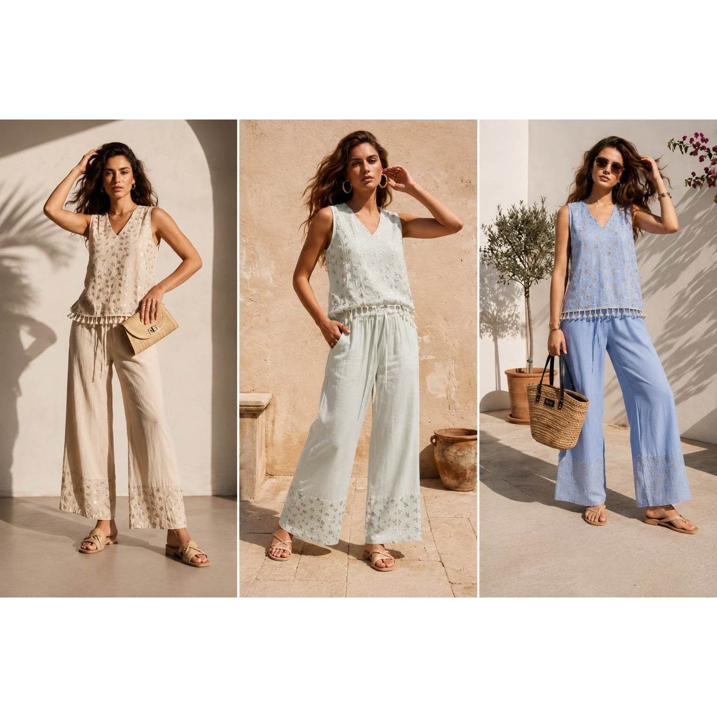 Model wearing the embroidered tassel wide leg trouser set in beige with matching wide leg trousers. Available in beige, mint and baby blue