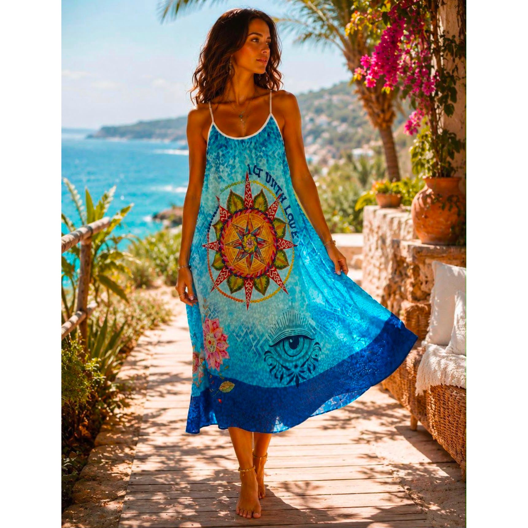 Blue boho compass print maxi dress with adjustable straps and relaxed fit. One size fits up to UK 18