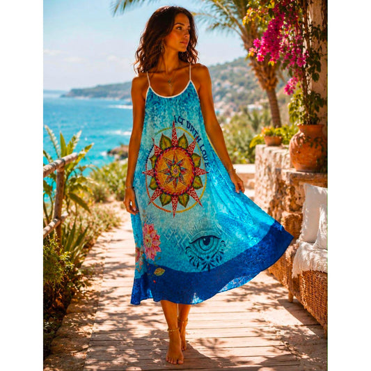 Blue boho compass print maxi dress with adjustable straps and relaxed fit. One size fits up to UK 18